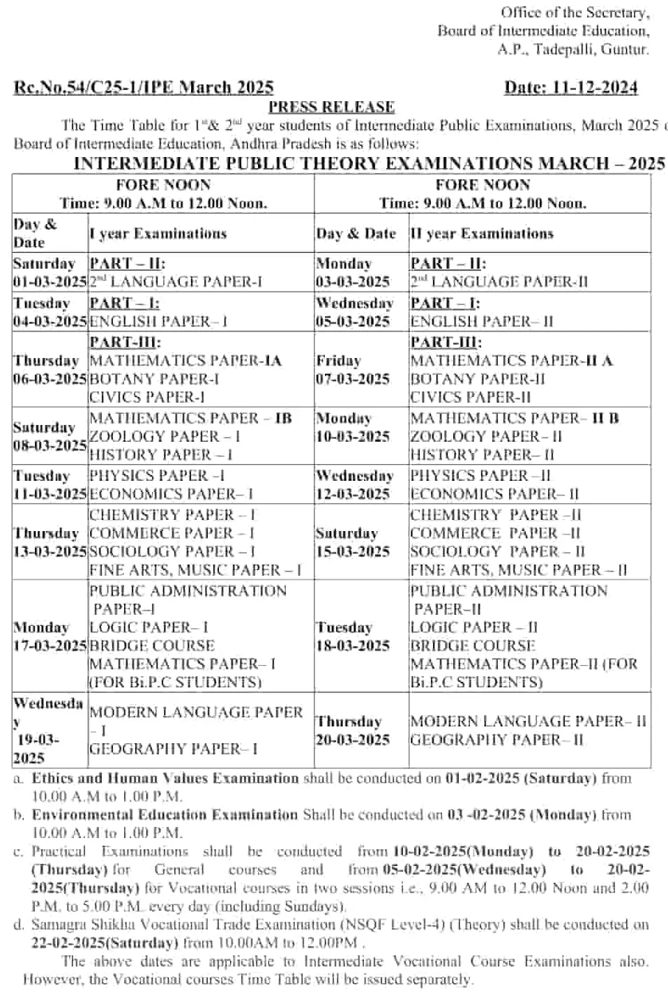 Intermediate Exam Date 2025 In Ap Time Table Pdf Download Tanya Aloysia