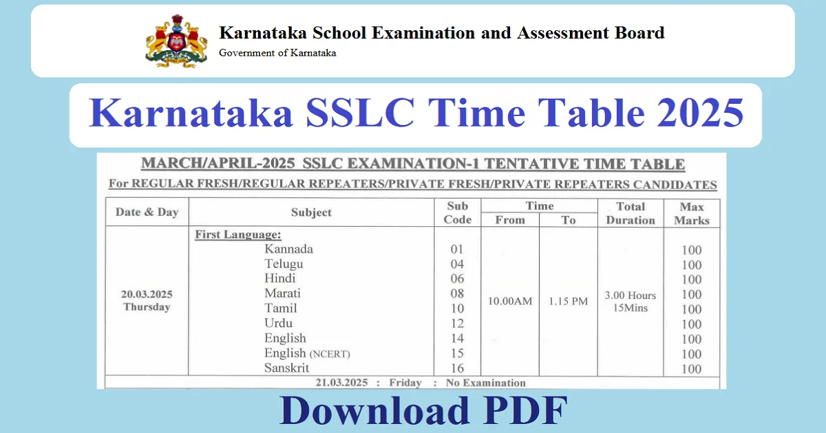 Karnataka SSLC Time Table 2025