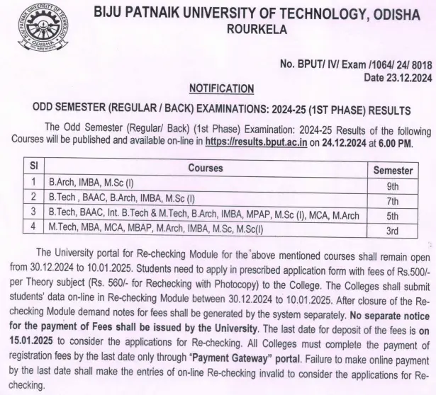 results.bput.ac.in result 2024-2025 notice